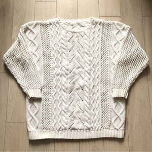Hand Knit Cable Knit Drop Shoulder Lace Detailed Sweater in White